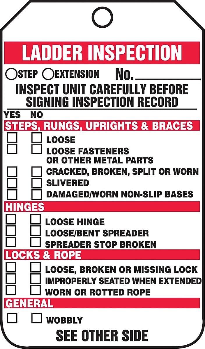 Accuform TRS340PTP Ladder Status Tag, Ladder Inspection - INSPECT Unit Carefully Before Signing Inspection Record, 5.75" x 3.25" x 0.015" Thickness, RP-Plastic, Red/Black on White (Pack of 25) - Image 1